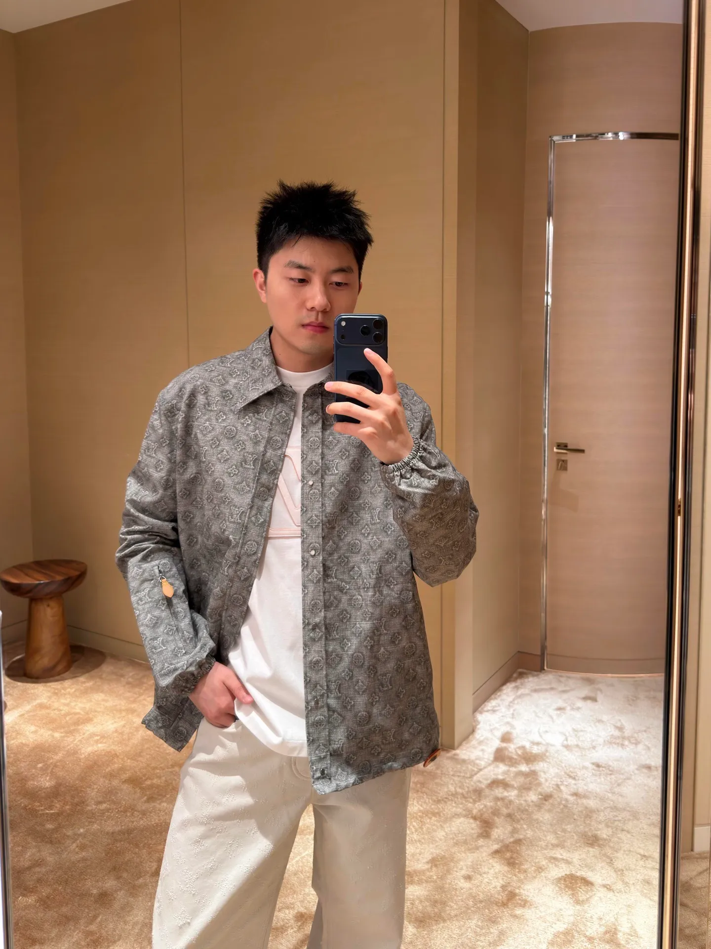 Louis Vuitton/Louis Vuitton all-over presbyopia digital print leather lapel jacket